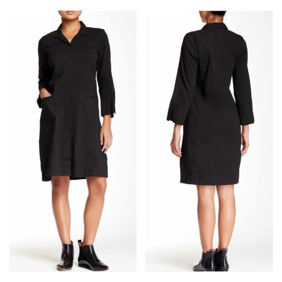 EILEEN FISHER Organic Linen Blend Long Sleeve Shirt Dress Pockets, Black, Sz L - Picture 1 of 8